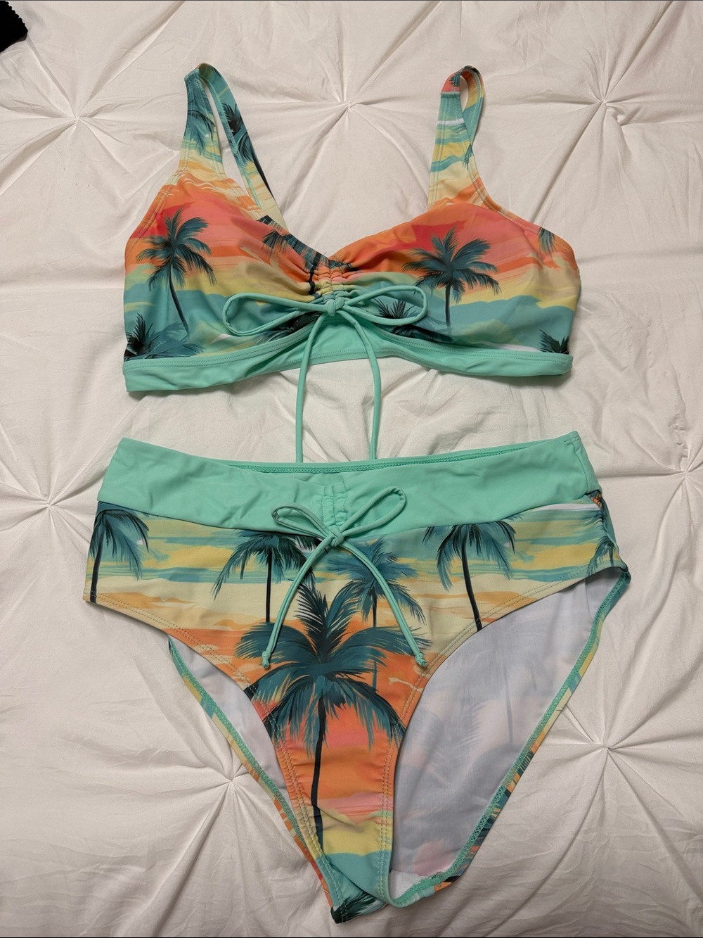 Tropical Palm Print Two-Piece Bikini in Mint & Sunset